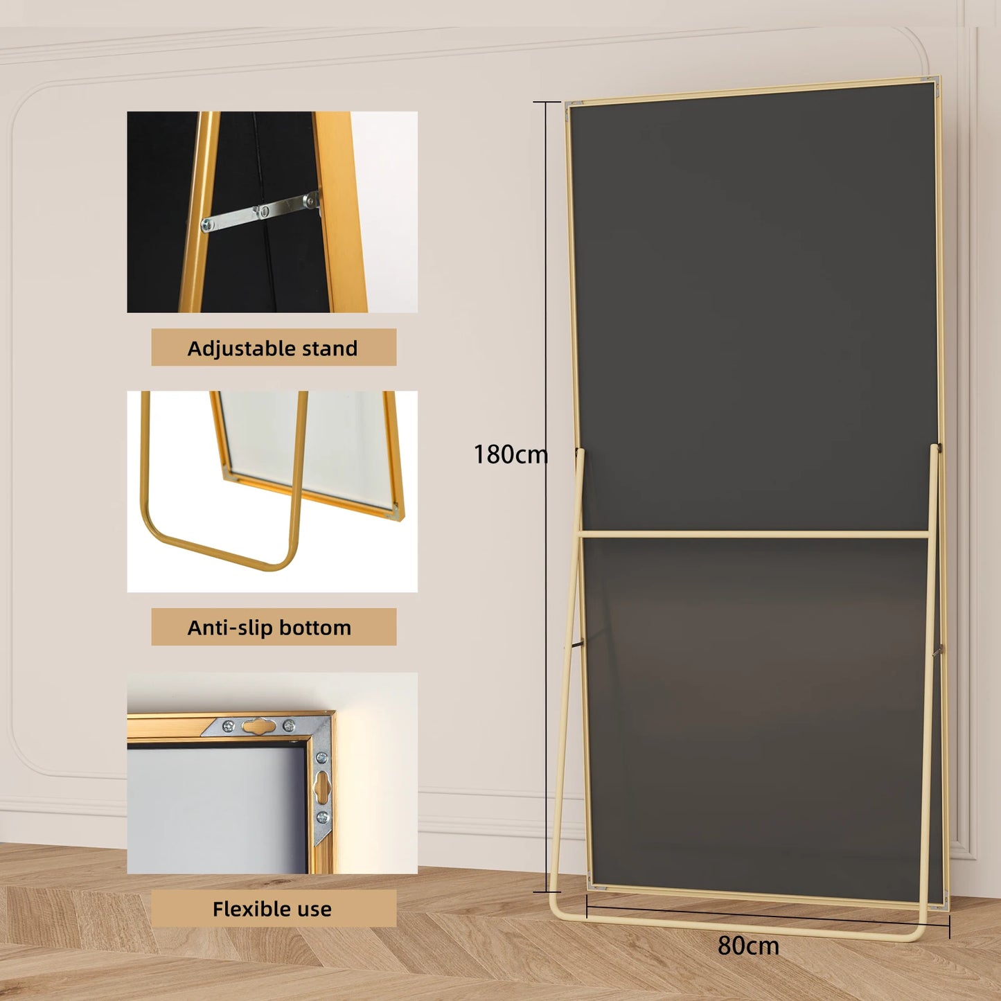 Miroir mural long rectangulaire – Cadre or & verre incassable (180 × 80 cm)
