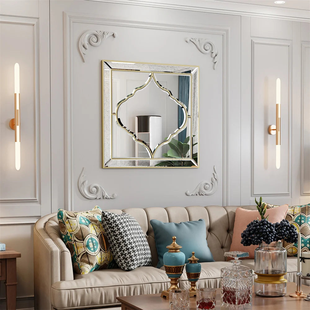 Miroir mural carré argent & bordure dorée – Élégance chic (60 × 60 cm)