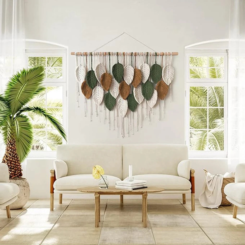 Macramé mural bohème – Plumes tissées à la main (100 × 60 cm)