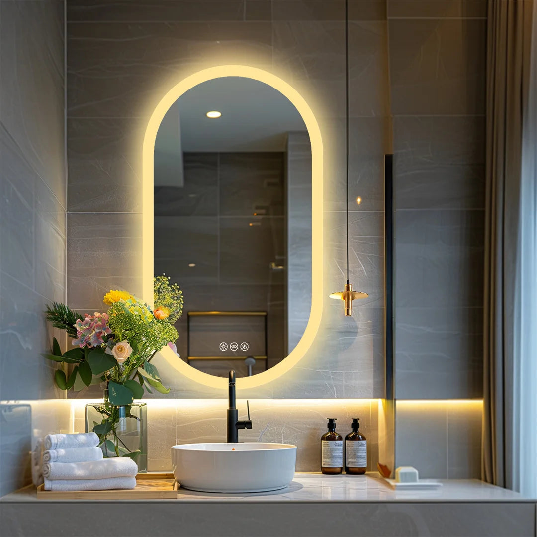 Miroir LED ovale pour salle de bai – 3 lumières réglables & étanche
