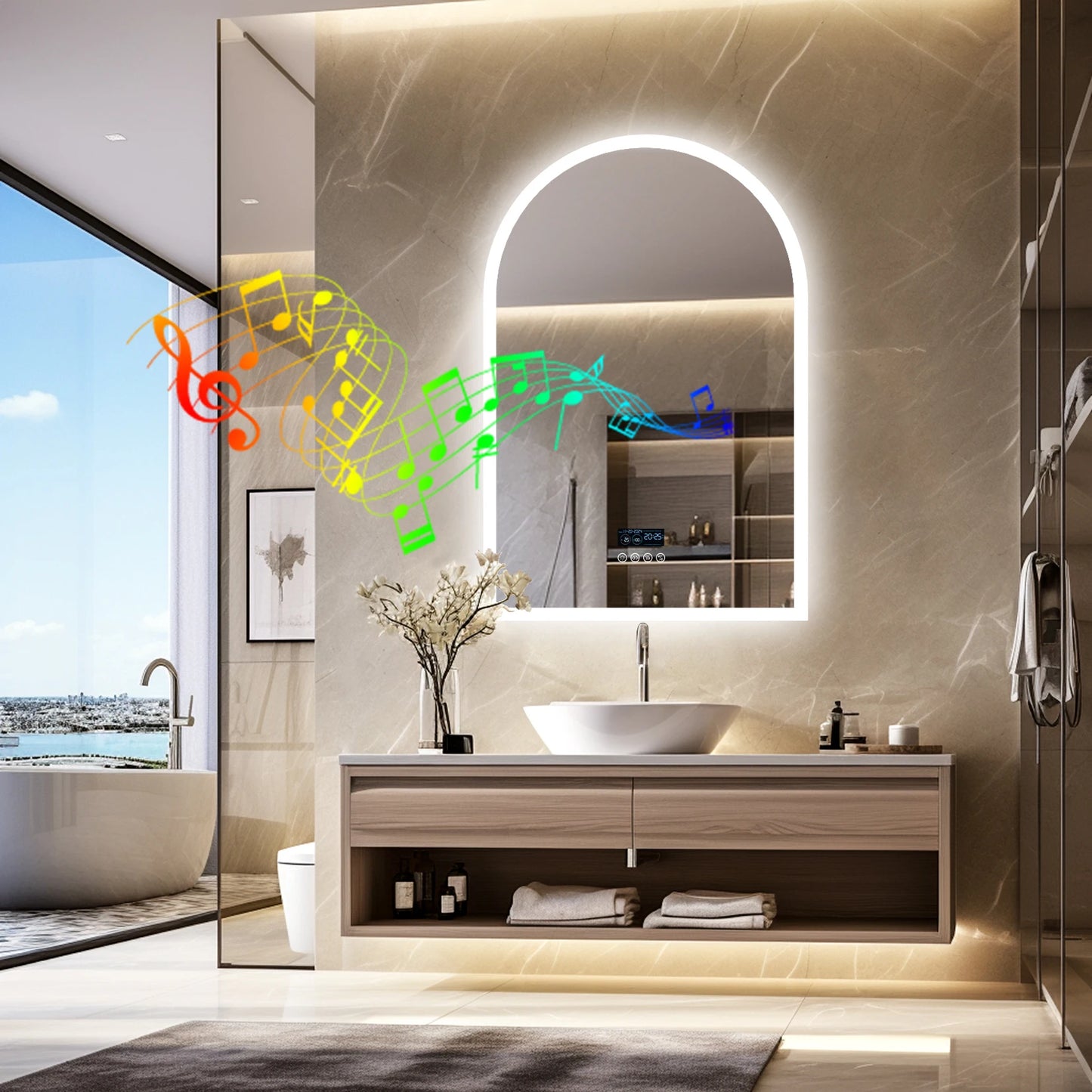 Miroir LED de salle de bain arqué avec haut-parleur Bluetooth et affichage intelligent