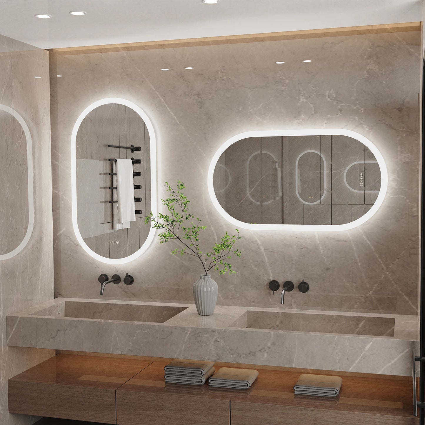 Miroir LED ovale pour salle de bai – 3 lumières réglables & étanche