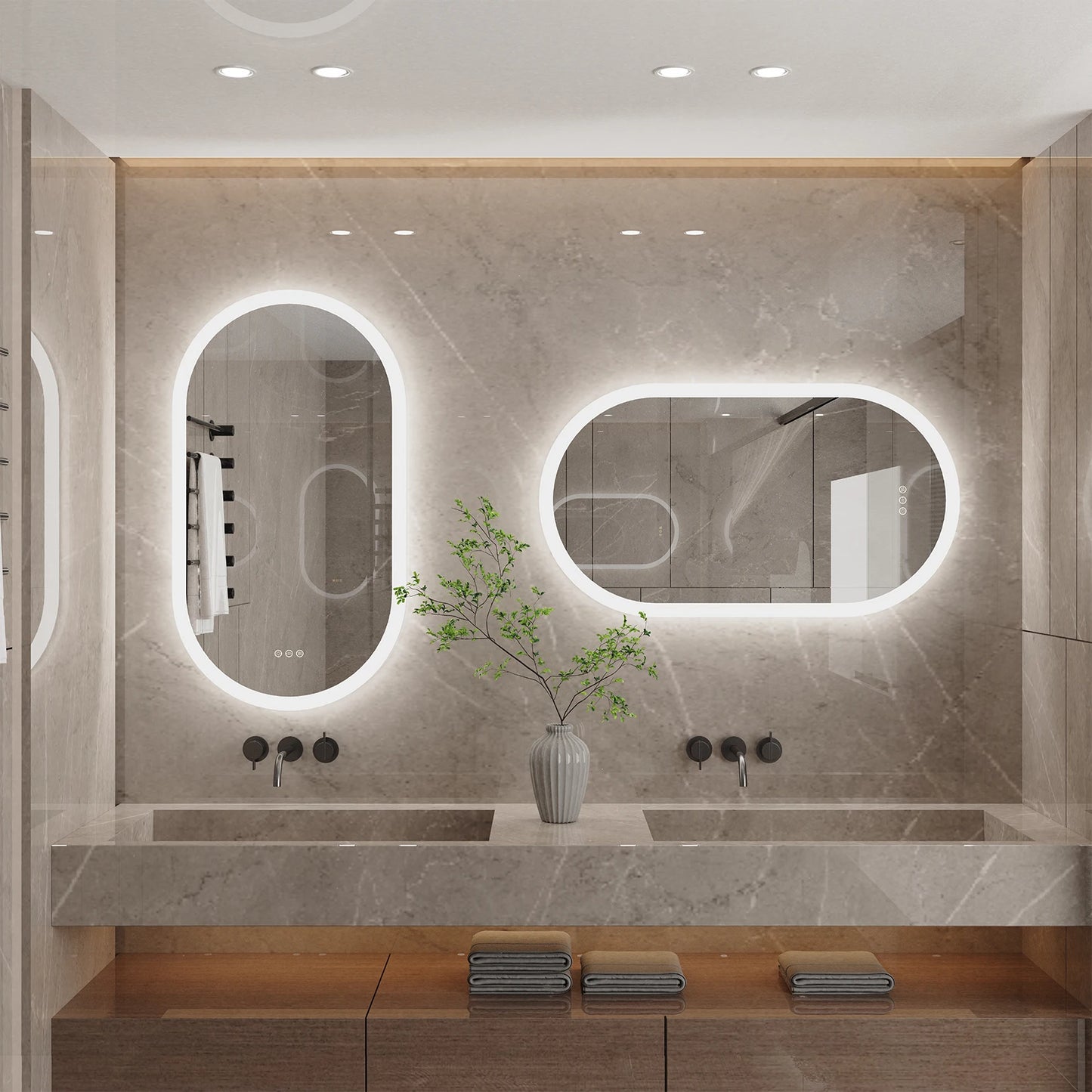 Miroir LED ovale pour salle de bai – 3 lumières réglables & étanche