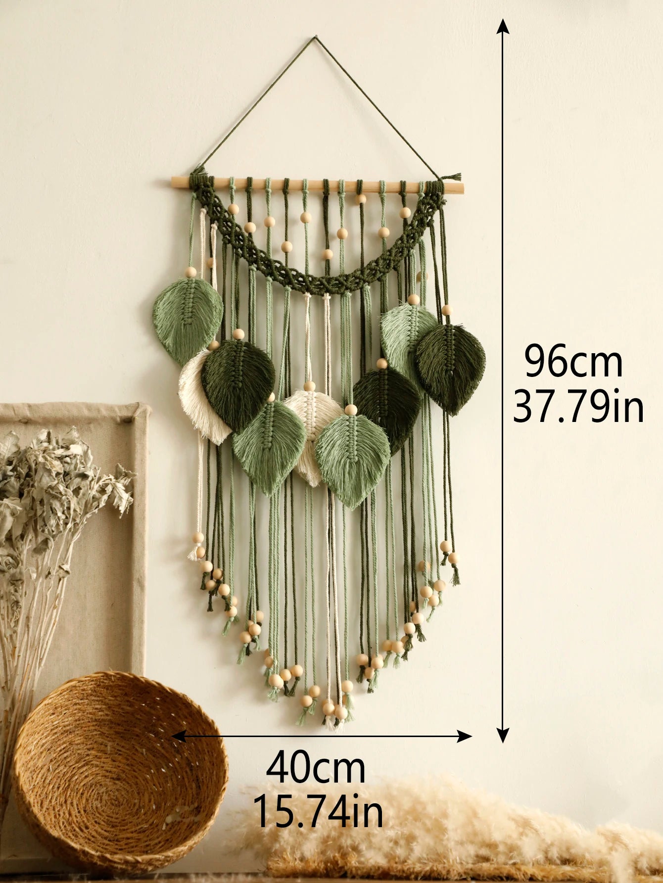 Macramé mural bohème – Feuilles (40 × 96 cm)