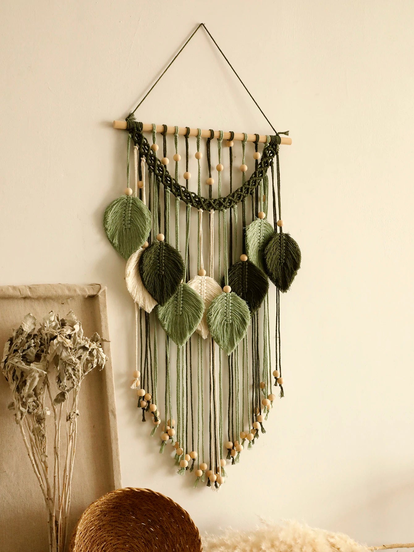 Macramé mural bohème – Feuilles (40 × 96 cm)