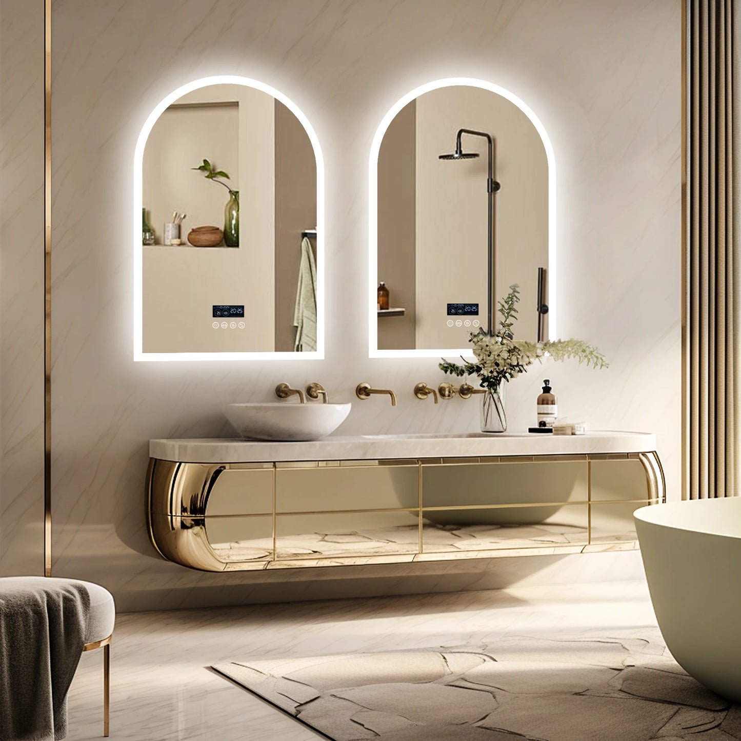 Miroir LED de salle de bain arqué avec haut-parleur Bluetooth et affichage intelligent