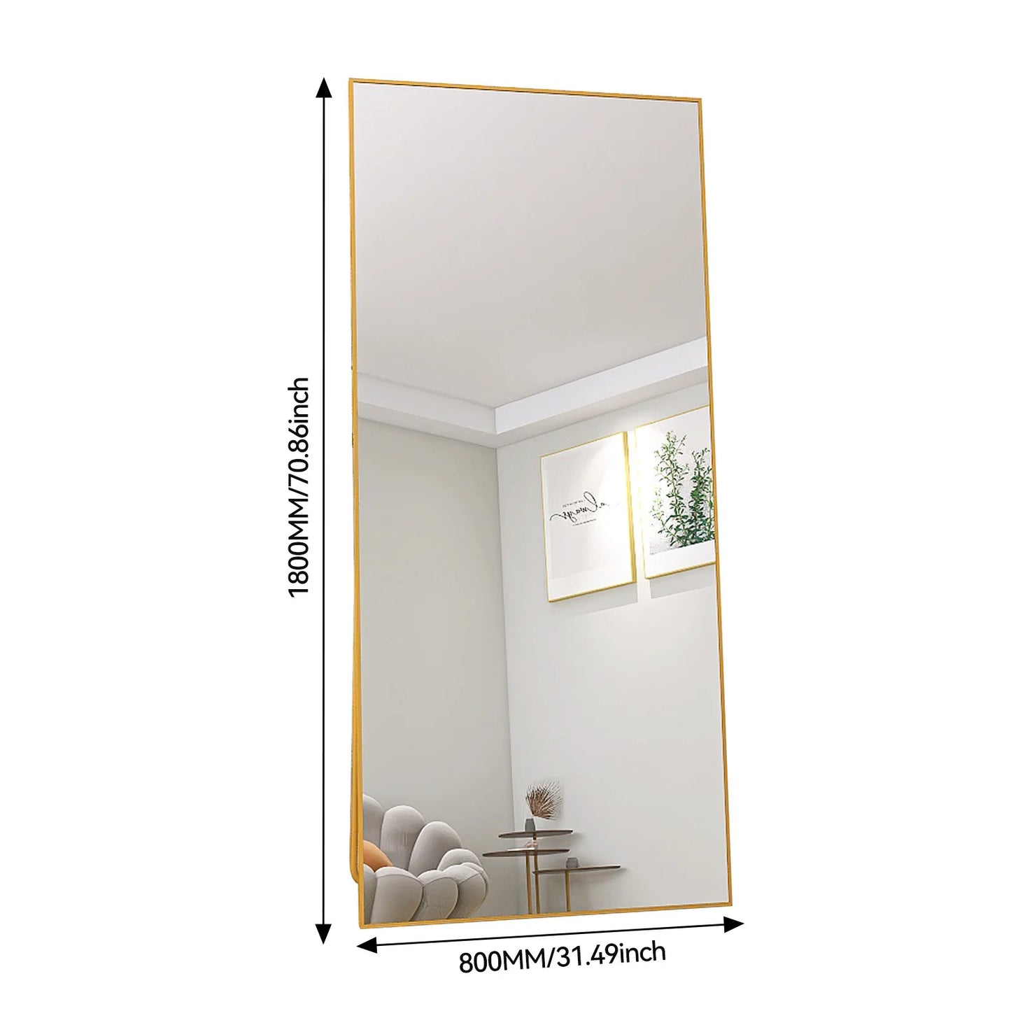 Miroir mural long rectangulaire – Cadre or & verre incassable (180 × 80 cm)
