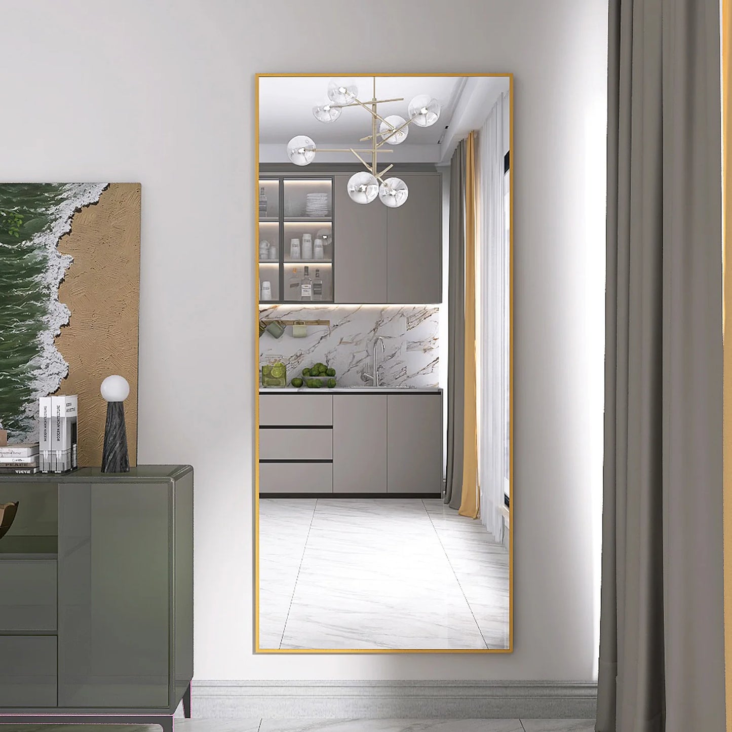 Miroir mural long rectangulaire – Cadre or & verre incassable (180 × 80 cm)