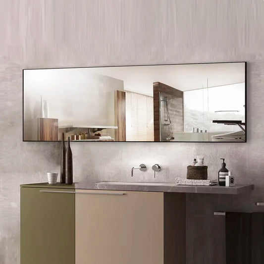 Miroir mural long rectangulaire noir – Verre incassable & cadre aluminium (150 × 40 cm)