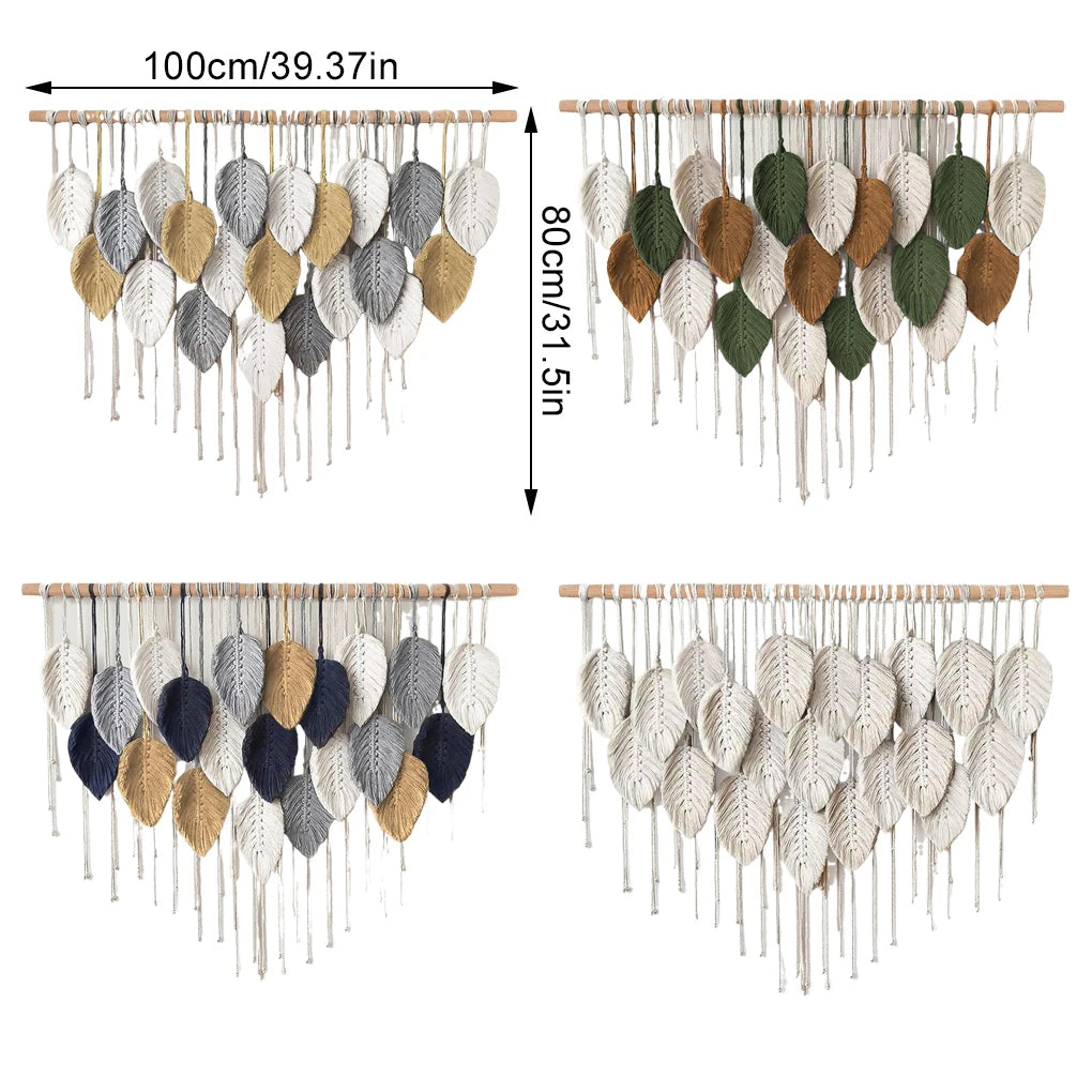 Macramé mural bohème – Plumes tissées à la main (100 × 60 cm)