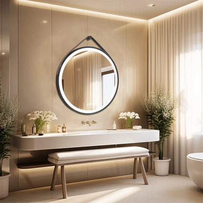 Miroir LED rond avec cadre en aluminium noir – Anti-buée & 3 couleurs