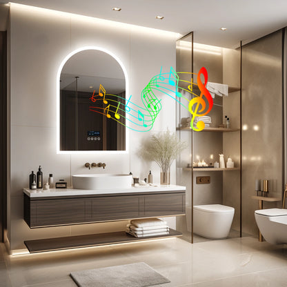 Miroir LED de salle de bain arqué avec haut-parleur Bluetooth et affichage intelligent