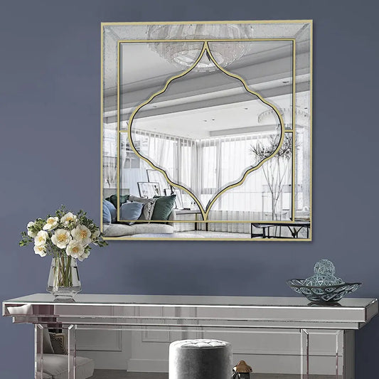 Miroir mural carré argent & bordure dorée – Élégance chic (60 × 60 cm)