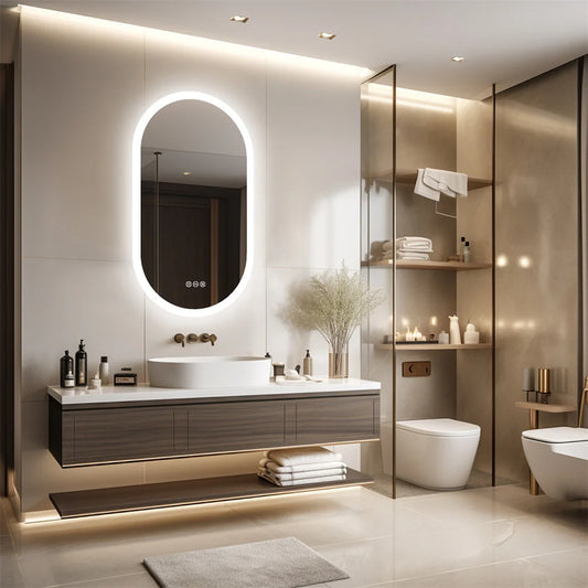 Miroir LED ovale pour salle de bai – 3 lumières réglables & étanche