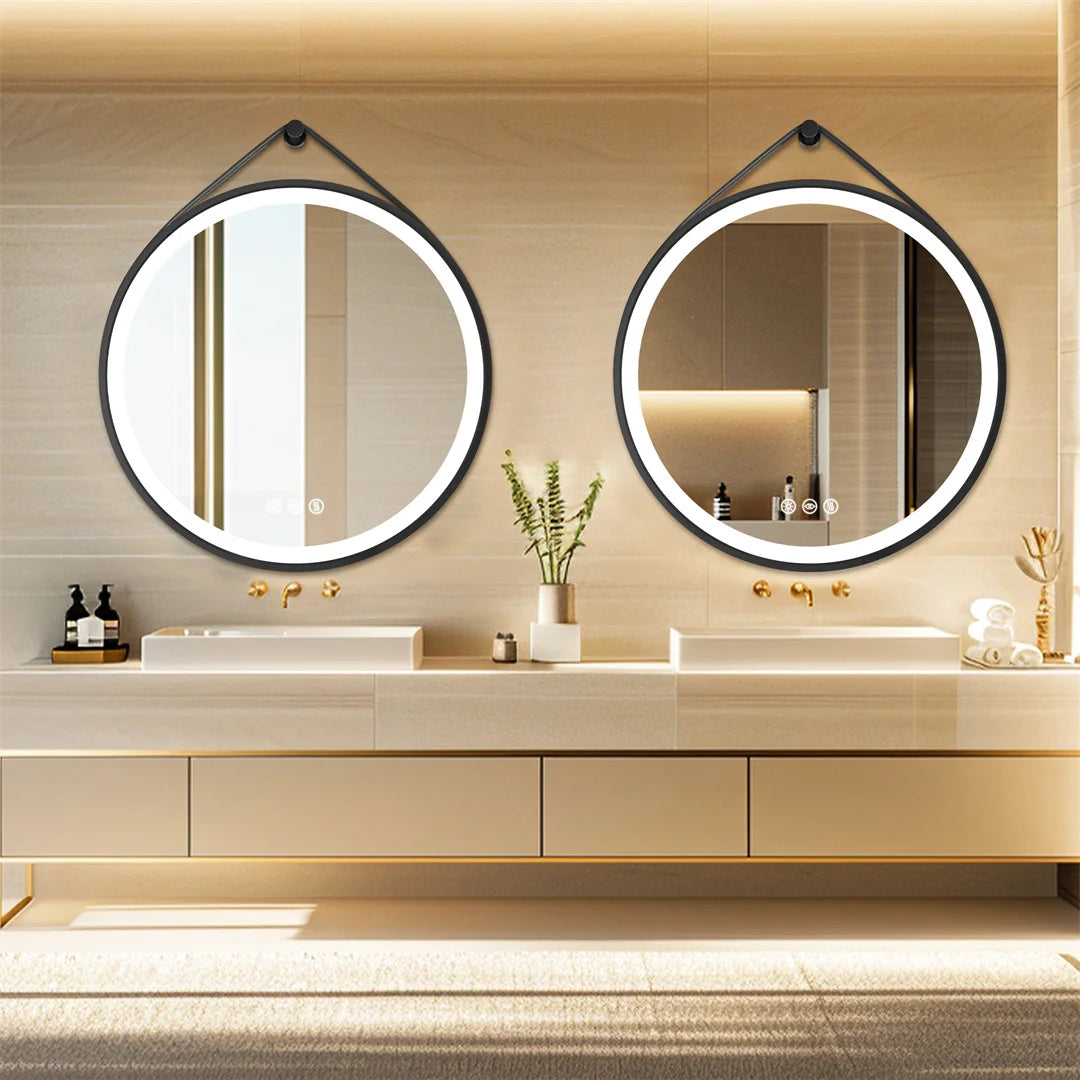 Miroir LED rond avec cadre en aluminium noir – Anti-buée & 3 couleurs