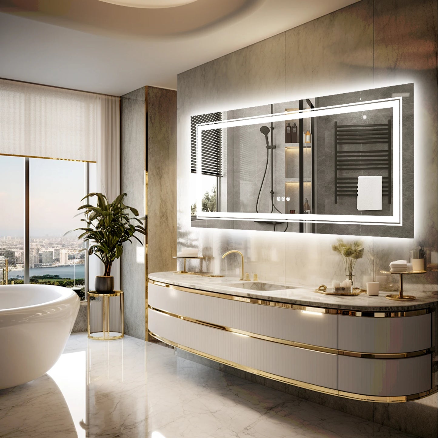 Modern rectangular LED mirror with double lighting
