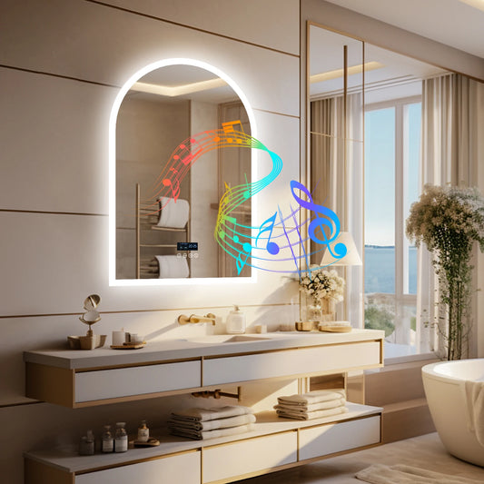 Miroir LED de salle de bain arqué avec haut-parleur Bluetooth et affichage intelligent