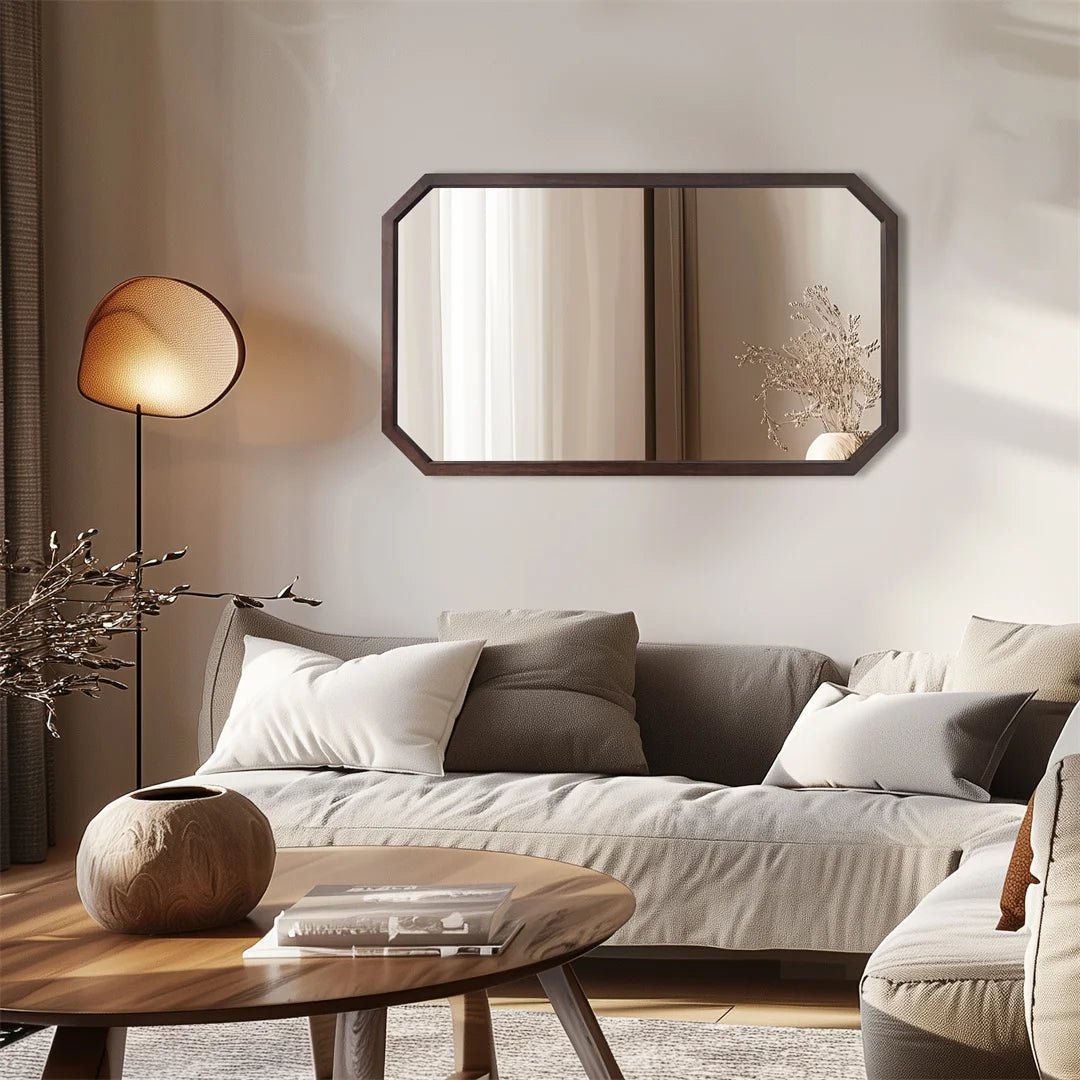 Miroir mural octogonal en bois de noyer noir