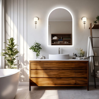Miroir LED de salle de bain arqué avec haut-parleur Bluetooth et affichage intelligent