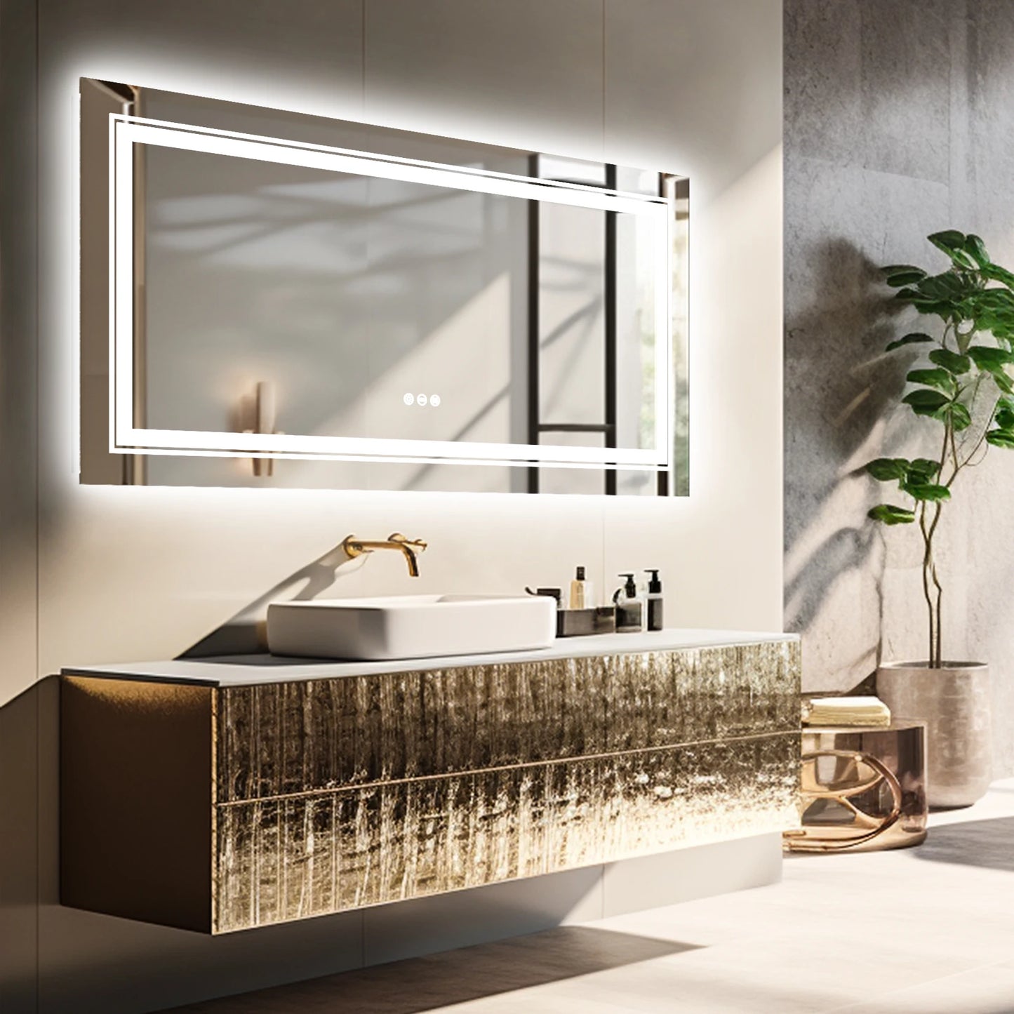 Modern rectangular LED mirror with double lighting