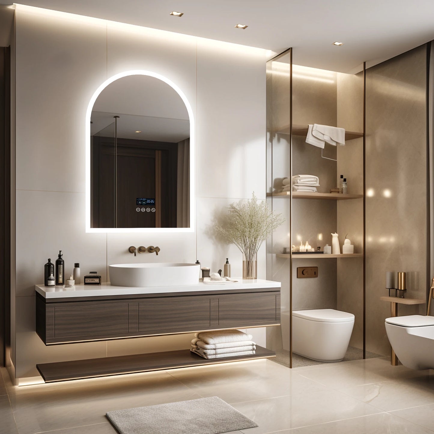 Miroir LED de salle de bain arqué avec haut-parleur Bluetooth et affichage intelligent