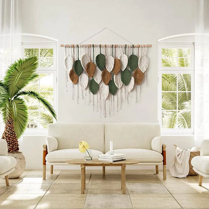 Macramé mural bohème – Plumes tissées à la main (100 × 60 cm)