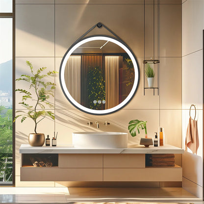 Miroir LED rond avec cadre en aluminium noir – Anti-buée & 3 couleurs