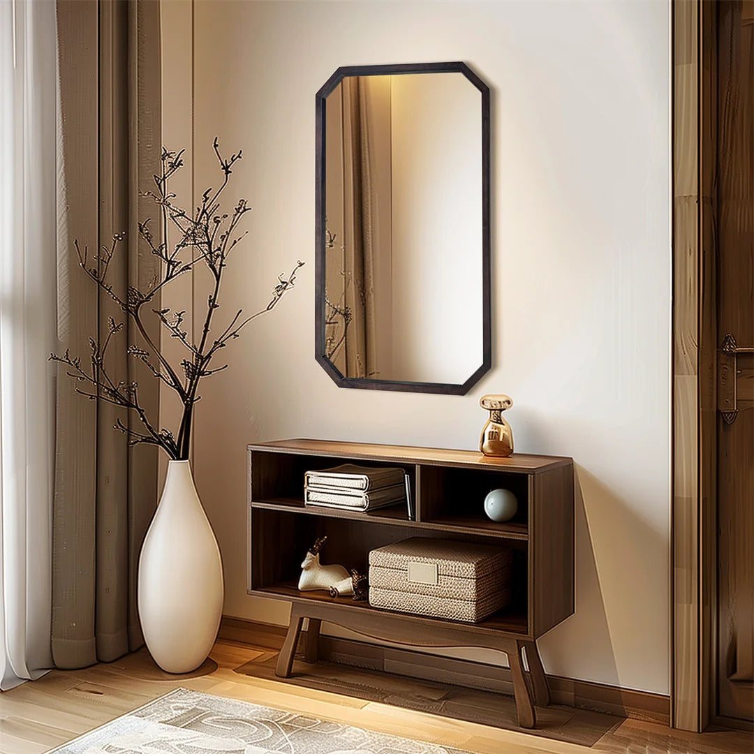 Miroir mural octogonal en bois de noyer noir