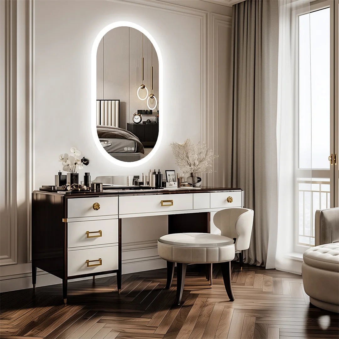 Miroir LED ovale pour salle de bai – 3 lumières réglables & étanche