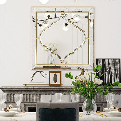 Miroir mural carré argent & bordure dorée – Élégance chic (60 × 60 cm)