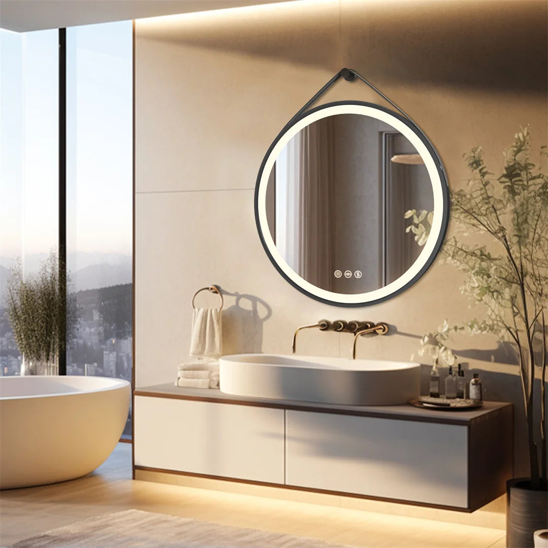 Miroir LED rond avec cadre en aluminium noir – Anti-buée & 3 couleurs