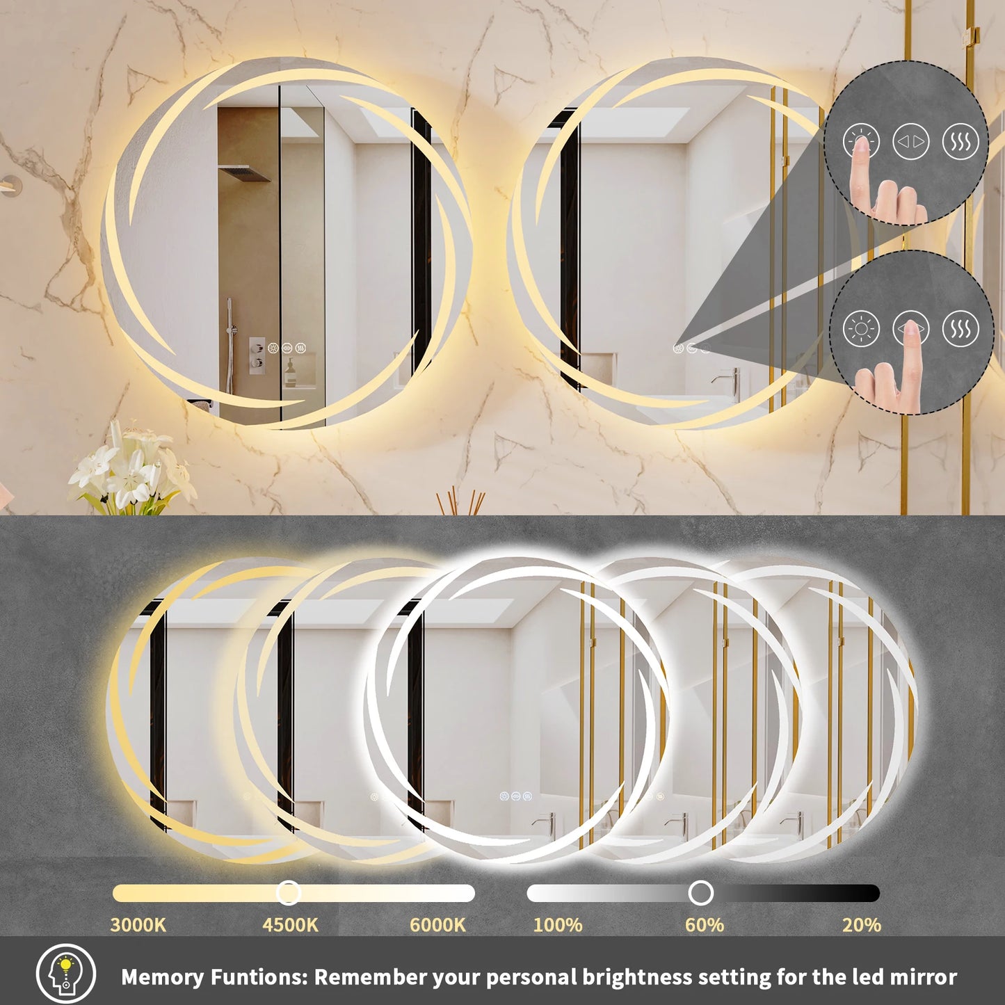 Miroir LED rond anti-buée 80 cm – Capteur tactile et fonction mémoire