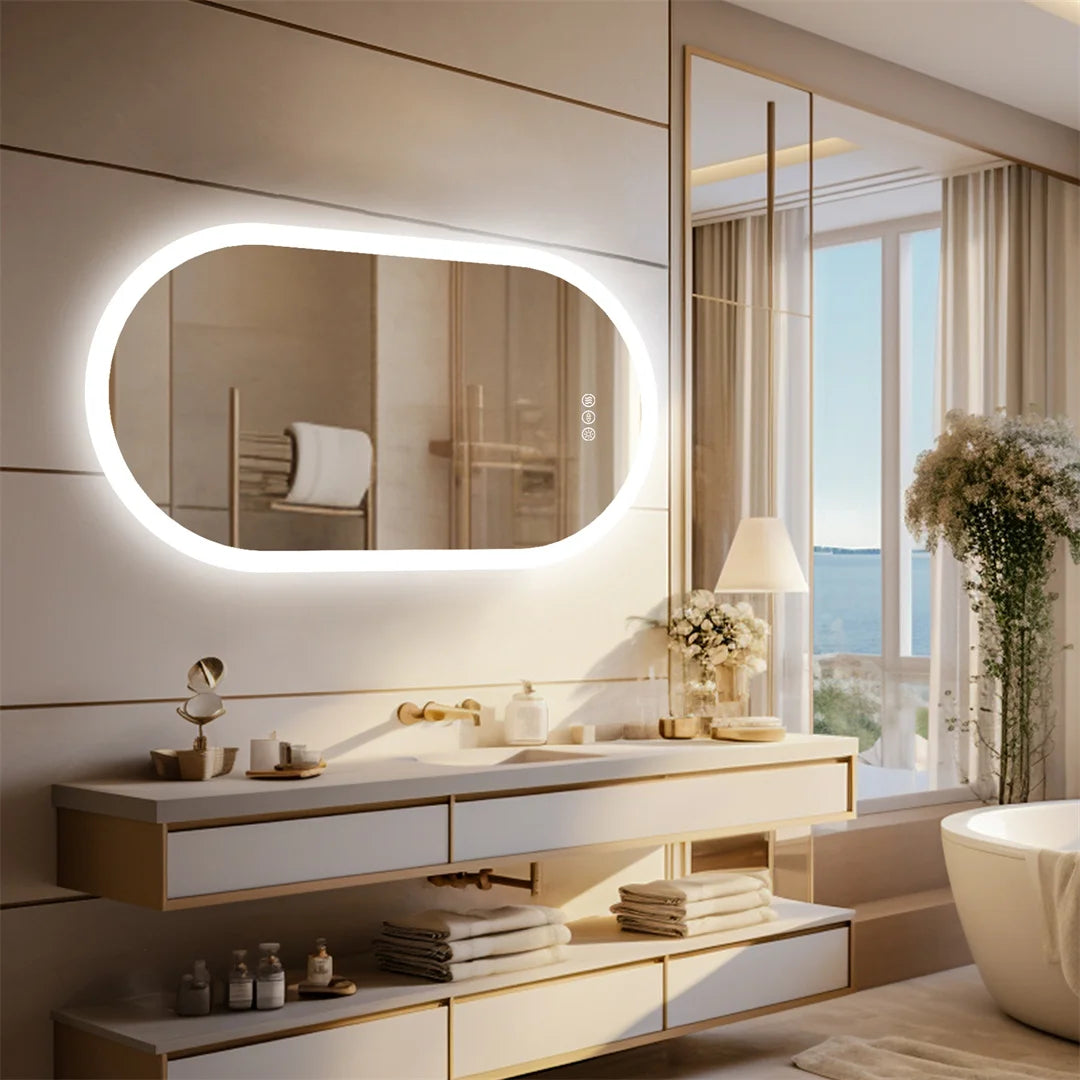 Miroir LED ovale pour salle de bai – 3 lumières réglables & étanche
