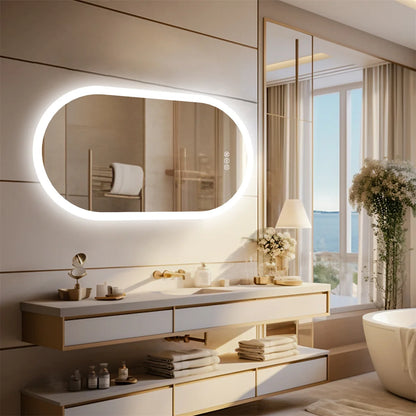 Miroir LED ovale pour salle de bai – 3 lumières réglables & étanche