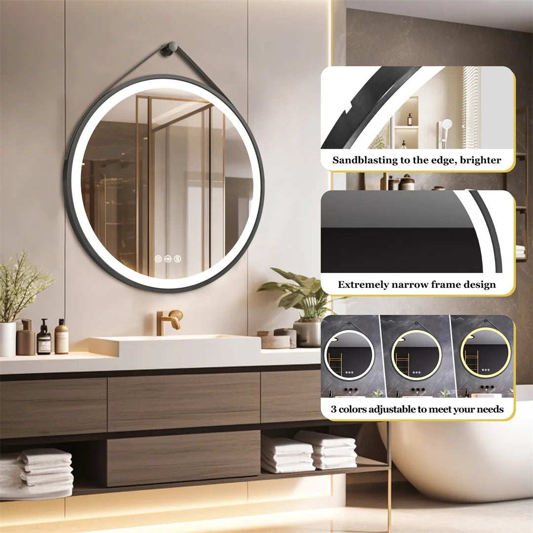 Miroir LED rond avec cadre en aluminium noir – Anti-buée & 3 couleurs