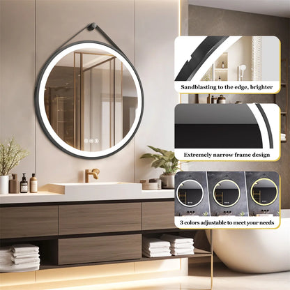 Miroir LED rond avec cadre en aluminium noir – Anti-buée & 3 couleurs