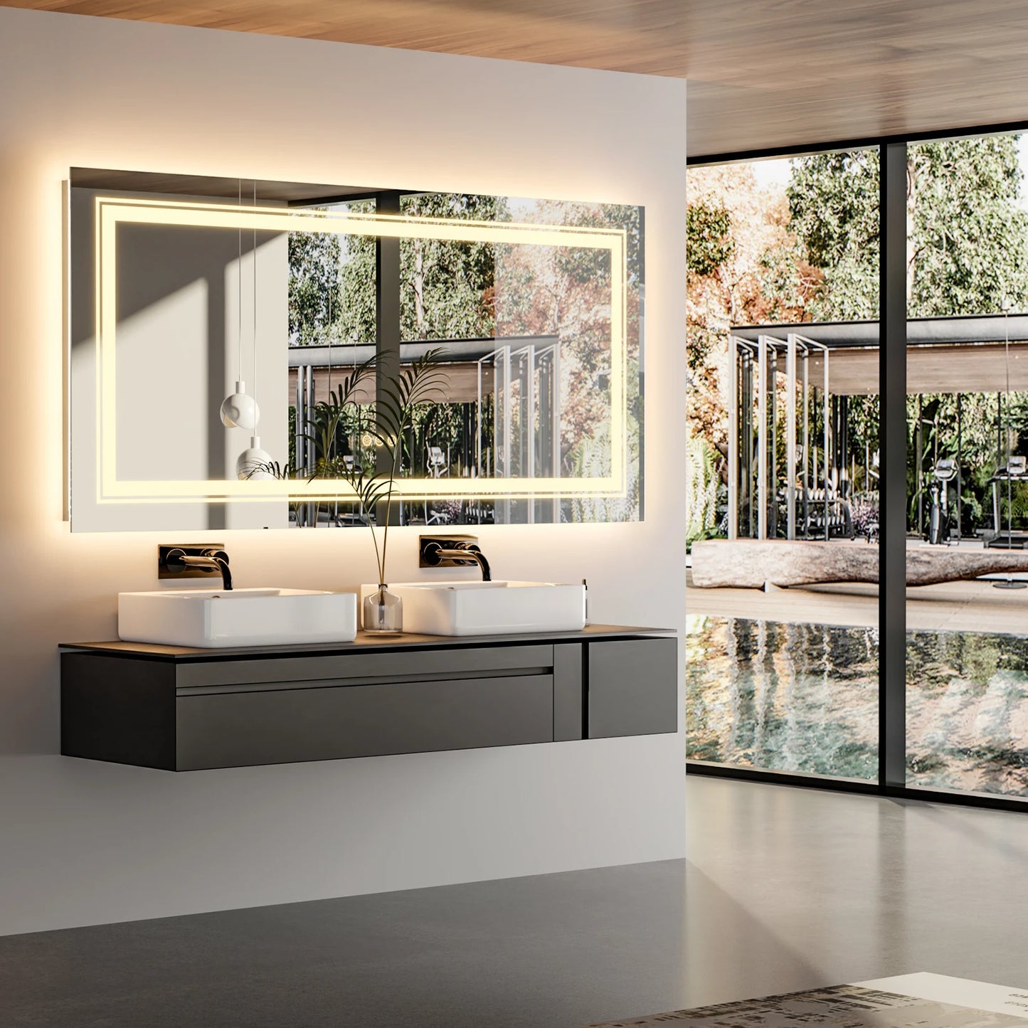 Modern rectangular LED mirror with double lighting