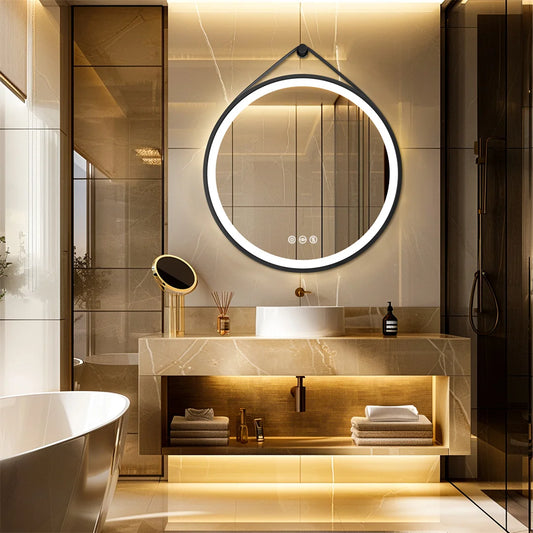 Round LED Mirror with Black Aluminum Frame - Anti-Fog &amp; 3 Colors