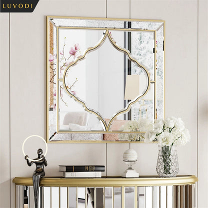 Miroir mural carré argent & bordure dorée – Élégance chic (60 × 60 cm)