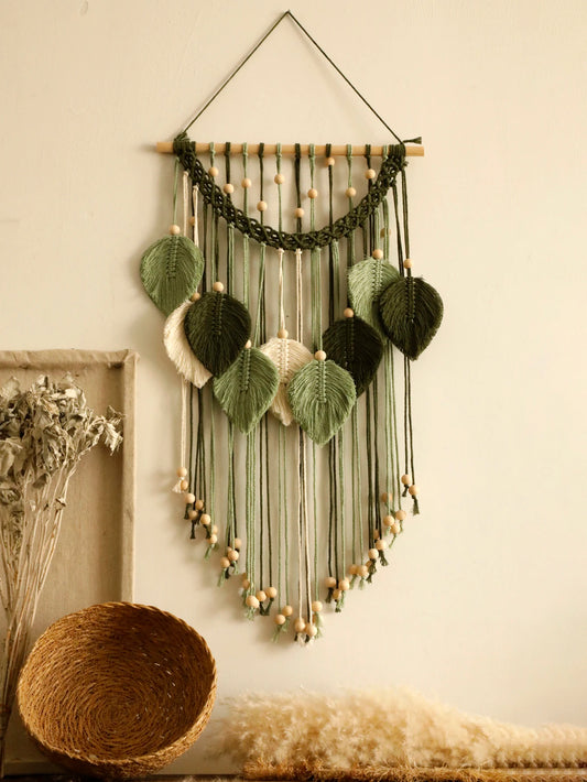 Macramé mural bohème – Feuilles (40 × 96 cm)