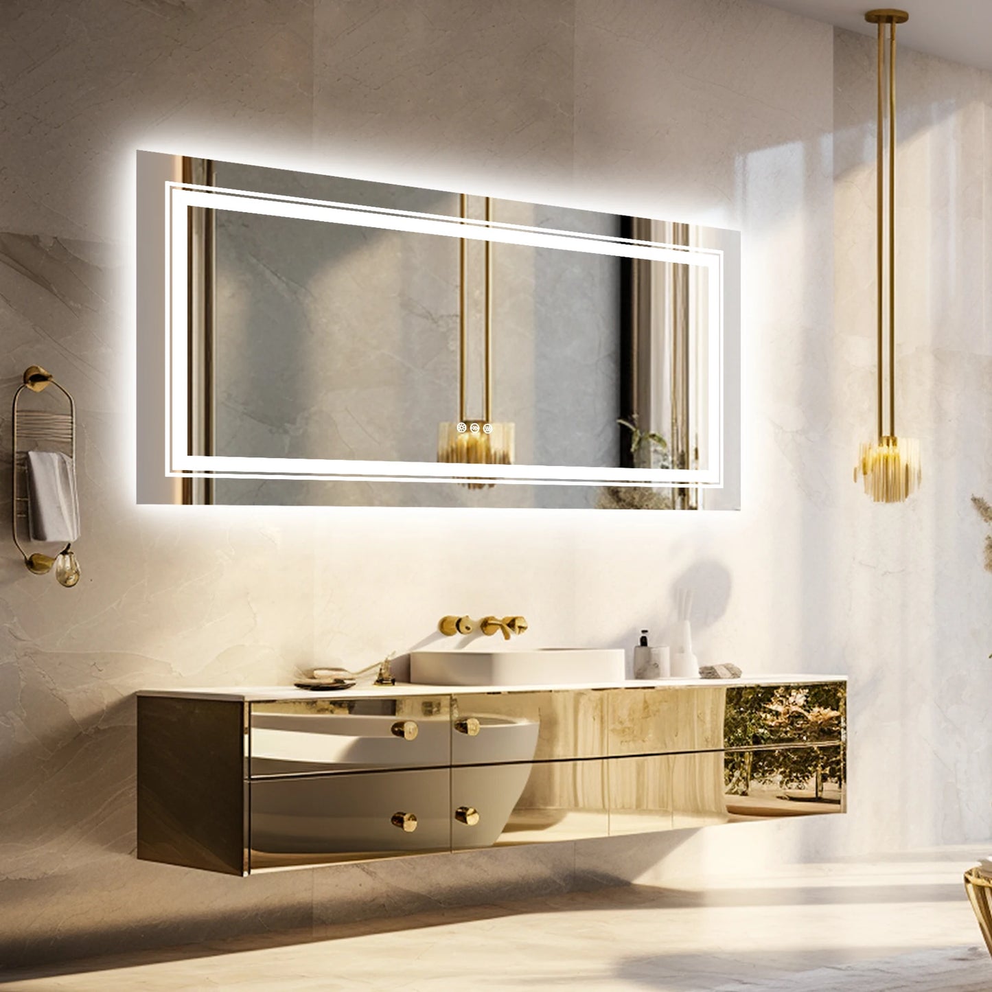 Modern rectangular LED mirror with double lighting